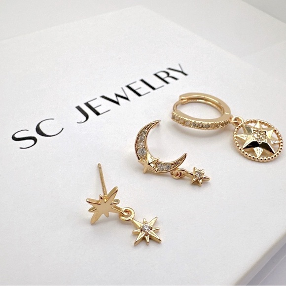 Star, Moon & North Star Hoop Earrings Trio | 18K Gold Plated Luxury Jewelry - Picture 3 of 9